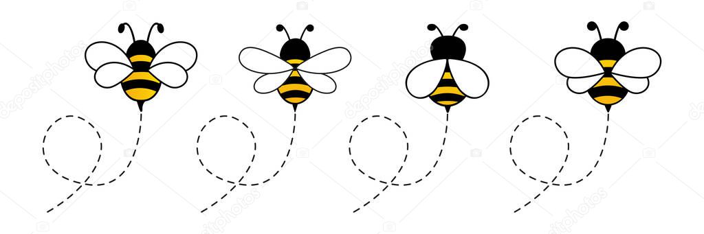 Cute bee icon set. Bees flying on a dotted route collection. Isolated on white background. Cartoon vector illustration.