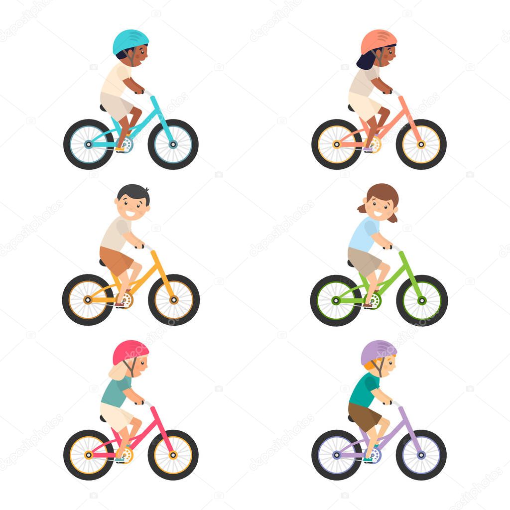 Cute happy children riding bicycles set. Sport vehicles competition concept. Girl and boy ride bikes collection. Vector illustration isolated on white