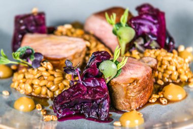Mısır ezmeli ördek bifteği ve kırmızı lahana. Restorandaki yemek. Yemek tasarımı ve restoran yemeği.