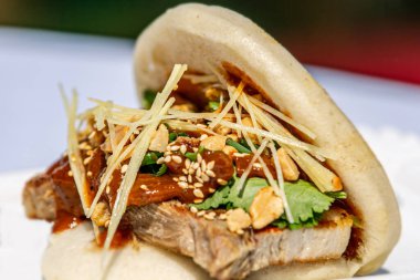Domuz eti ve Meksika sosuyla doldurulmuş Pita. Sokak yemekleri için yemek tasarımı. Yakın çekim..