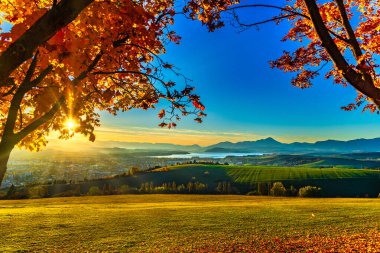 Canlı turuncu akçaağaç yapraklarıyla çerçevelenmiş Liptov havzası ve Liptovska Mara rezervuarının göz kamaştırıcı sonbahar sabahı manzarası. Güneş, açık mavi gökyüzünün altında yeşil yuvarlanan tepeler ve uzak dağlar üzerinde güzel bir mercek patlaması yaratır..