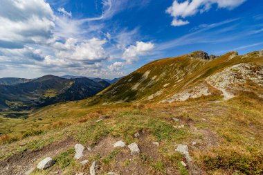 Dar bir kayalık yol bir dağ zirvesine doğru dik bir çimenli yamaçtan geçer. High Tatras Ulusal Parkı 'ndaki Hladke Sedlo' dan manzara, bulutlu mavi gökyüzünün altında vadide turkuaz bir göl yer alıyor.