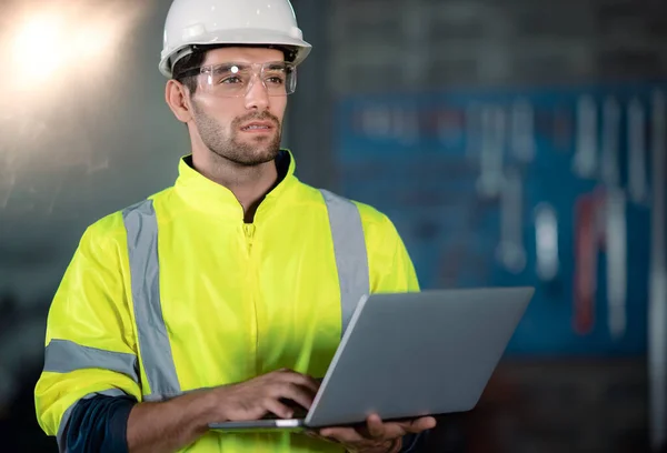Chief Engineer Hard Hat Walks Light Modern Factory While Holding — Stock Photo, Image