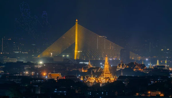 Fogos Artifício Luz Show Drones Cidade Bangkok Tailândia — Fotografia de Stock