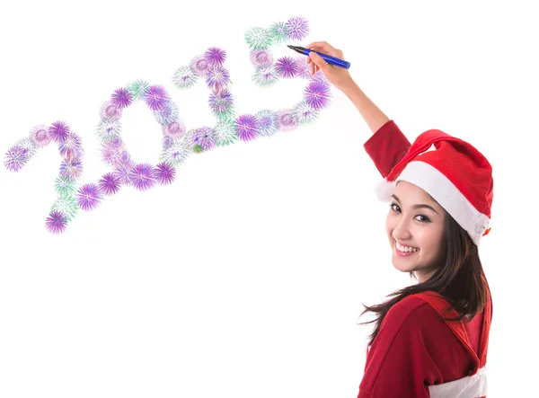 Indietro di donna asiatica con cappello di Natale scrivere — Foto Stock