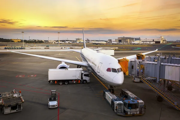 Carregamento de carga no avião no aeroporto — Fotografia de Stock