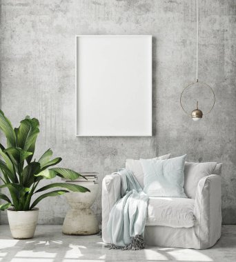 Modern iç plan, oturma odası, İskandinav tarzı, 3D çizim, 3D resim