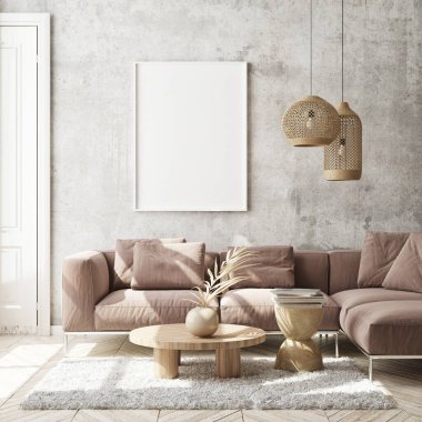 Modern iç plan, oturma odası, İskandinav tarzı, 3D çizim, 3D resim