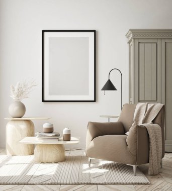 Modern iç plan, oturma odası, İskandinav tarzı, 3D çizim, 3D resim