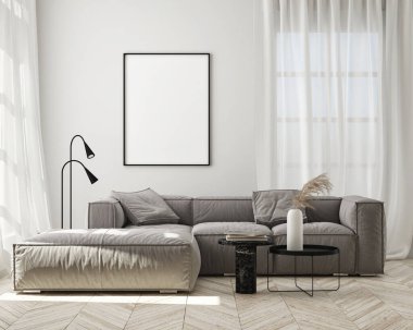 Modern iç plan, oturma odası, İskandinav tarzı, 3D çizim, 3D resim