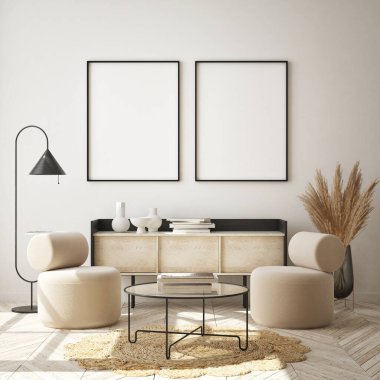 Modern iç plan, oturma odası, İskandinav tarzı, 3D çizim, 3D resim