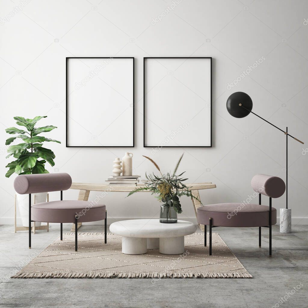 mock up poster frame in modern interior background, living room, Scandinavian style, 3D render, 3D illustration