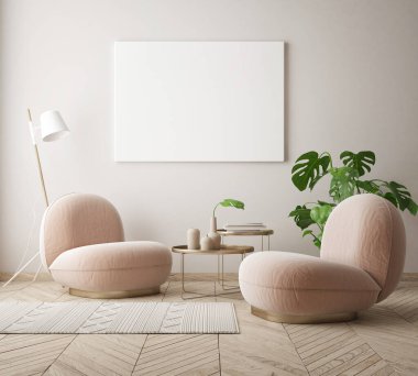 Modern iç plan, oturma odası, İskandinav tarzı, 3D çizim, 3D resim