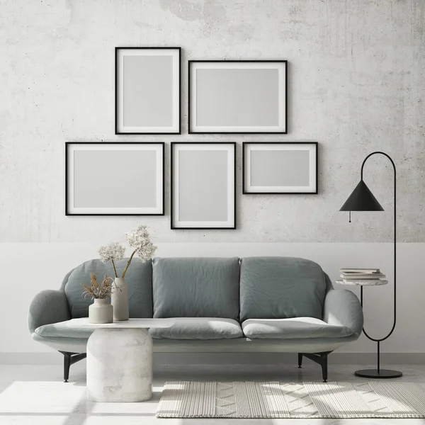 Model Poster Frame Moderne Interieur Achtergrond Woonkamer Scandinavische Stijl Render — Stockfoto