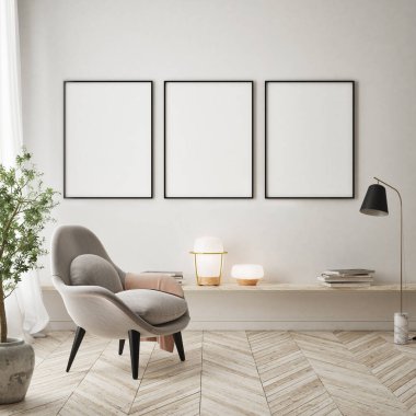 Modern iç plan, oturma odası, İskandinav tarzı, 3D çizim, 3D resim