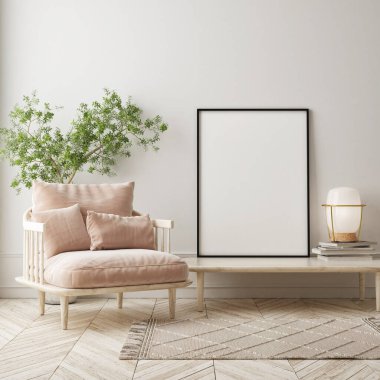 Modern iç plan, oturma odası, İskandinav tarzı, 3D çizim, 3D resim