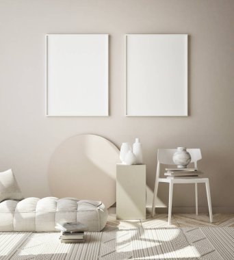 Modern iç plan, oturma odası, İskandinav tarzı, 3D çizim, 3D resim