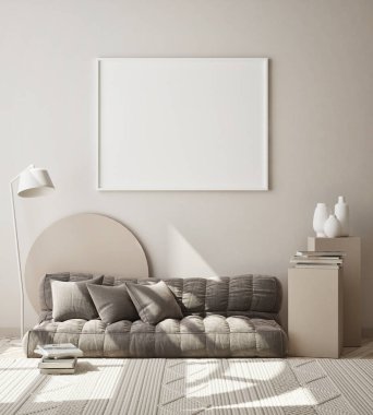 Modern iç plan, oturma odası, İskandinav tarzı, 3D çizim, 3D resim