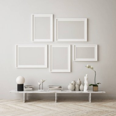 Modern iç plan, oturma odası, İskandinav tarzı, 3D çizim, 3D resim