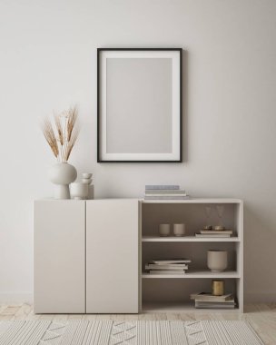 Modern iç plan, oturma odası, İskandinav tarzı, 3D çizim, 3D resim