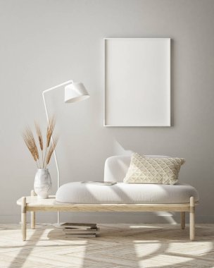 Modern iç plan, oturma odası, İskandinav tarzı, 3D çizim, 3D resim