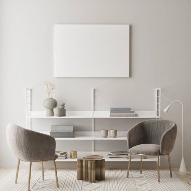 Modern iç plan, oturma odası, İskandinav tarzı, 3D çizim, 3D resim