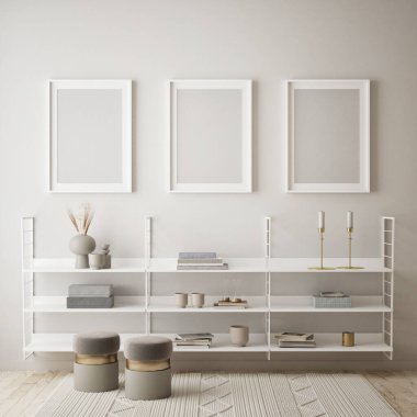 Modern iç plan, oturma odası, İskandinav tarzı, 3D çizim, 3D resim