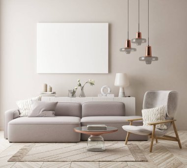 Modern iç plan, oturma odası, İskandinav tarzı, 3D çizim, 3D resim