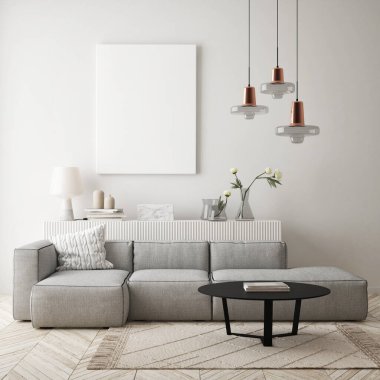 Modern iç plan, oturma odası, İskandinav tarzı, 3D çizim, 3D resim