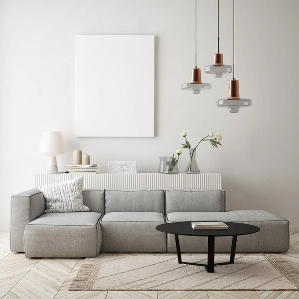 Model Poster Frame Moderne Interieur Achtergrond Woonkamer Scandinavische Stijl Render — Stockfoto