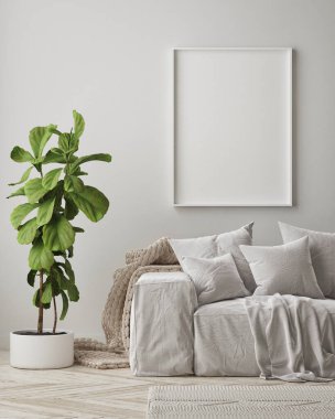 Modern iç plan, oturma odası, İskandinav tarzı, 3D çizim, 3D resim