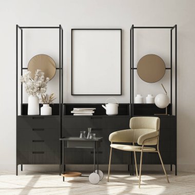 Modern iç plan, oturma odası, İskandinav tarzı, 3D çizim, 3D resim