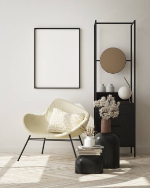 Modern iç plan, oturma odası, İskandinav tarzı, 3D çizim, 3D resim