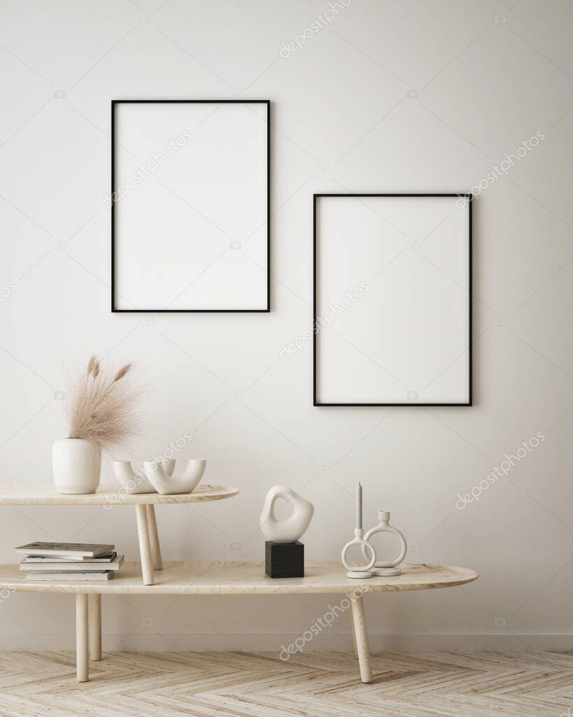 mock up poster frame in modern interior background, living room, Scandinavian style, 3D render, 3D illustration