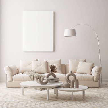 Modern iç plan, oturma odası, İskandinav tarzı, 3D çizim, 3D resim