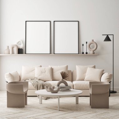 Modern iç plan, oturma odası, İskandinav tarzı, 3D çizim, 3D resim