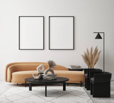 Modern iç plan, oturma odası, İskandinav tarzı, 3D çizim, 3D resim