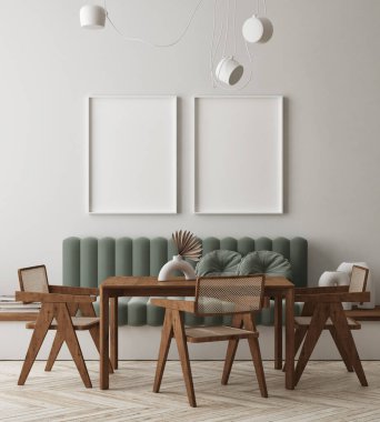 Modern iç plan, oturma odası, İskandinav tarzı, 3D çizim, 3D resim