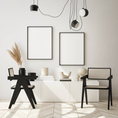 Modern iç plan, oturma odası, İskandinav tarzı, 3D çizim, 3D resim