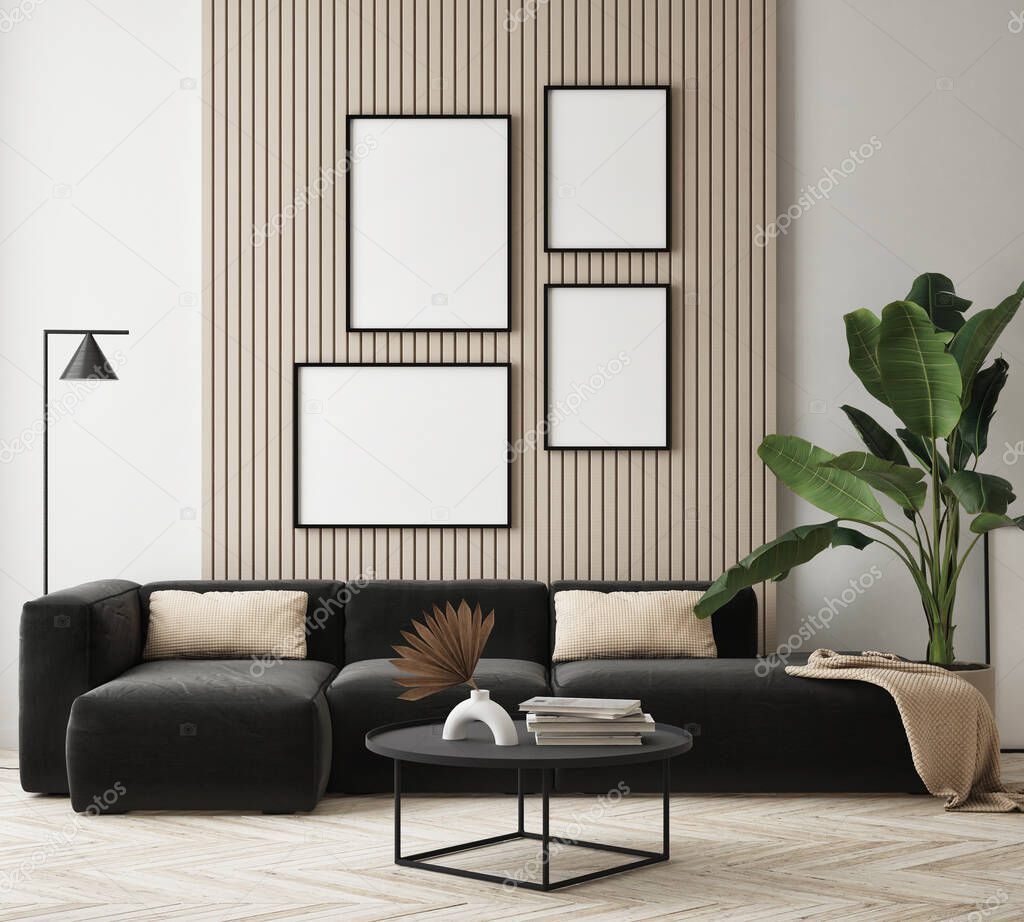 mock up poster frame in modern interior background, living room, Scandinavian style, 3D render, 3D illustration