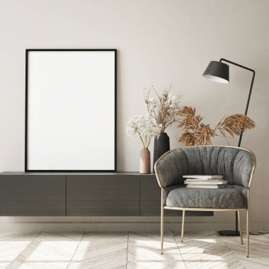 Modern iç plan, oturma odası, İskandinav tarzı, 3D çizim, 3D resim