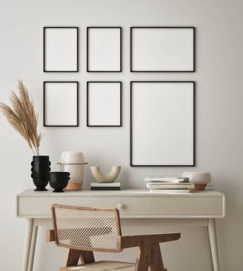 Modern iç plan, oturma odası, İskandinav tarzı, 3D çizim, 3D resim