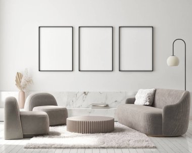 Modern iç plan, oturma odası, Art Deco tarzı, 3D çizim, 3D illüstrasyon