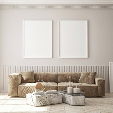 Modern iç plan, oturma odası, Art Deco tarzı, 3D çizim, 3D illüstrasyon