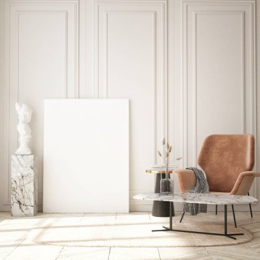 Modern iç plan, oturma odası, minimalist tarz, 3D çizim, 3D illüstrasyon