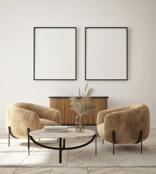 Meniru Poster Bingkai Modern Interior Latar Belakang Ruang Tamu Minimalistik — Stok Foto