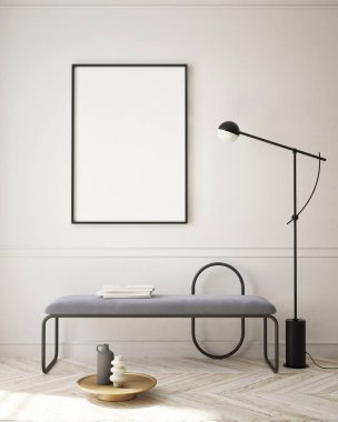 Modern iç plan, oturma odası, minimalist tarz, 3D çizim, 3D illüstrasyon