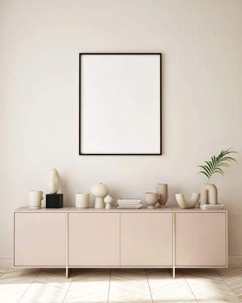 Mock Poszter Keret Modern Belső Háttér Nappali Minimalista Stílus Render — Stock Fotó