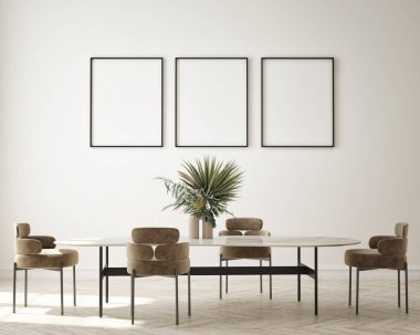 Modern iç plan, oturma odası, minimalist tarz, 3D çizim, 3D illüstrasyon