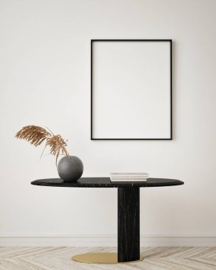 Modern iç plan, oturma odası, minimalist tarz, 3D çizim, 3D illüstrasyon